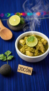 White Ceramic Bowl of Joc&oacute;n Green Chicken Stew on Indigo Huipil with Palo de Hormigo Sign and Steam