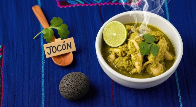 White Ceramic Bowl of Joc&oacute;n Green Chicken Stew on Indigo Huipil with Palo de Hormigo Sign and Steam