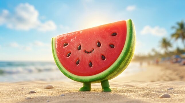 Cute smiling watermelon slice character standing on sunny beach with palm trees and ocean view