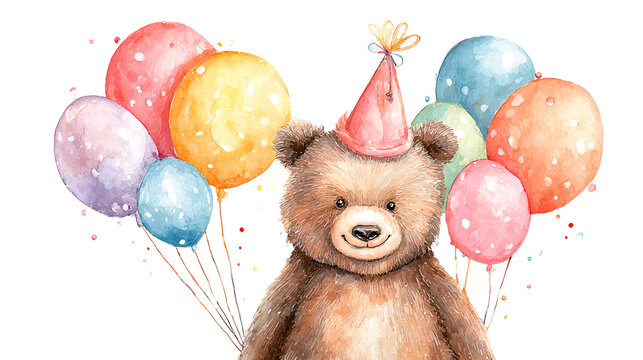 Watercolor bear with balloons illustration. Cute animal in party hat, perfect for nursery wall art, baby shower invitations, kids birthday cards and posters. Stock Illustration