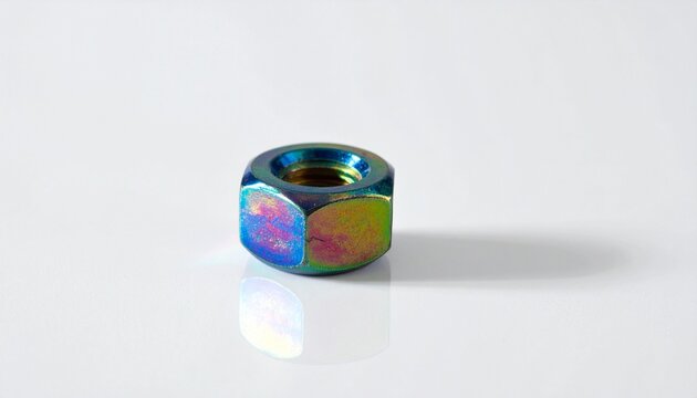 Close-up metallic hexagonal nut with iridescent rainbow finish, upright position, threaded hole visible, colorful hues reflecting light, industrial components arranged with depth and focus.