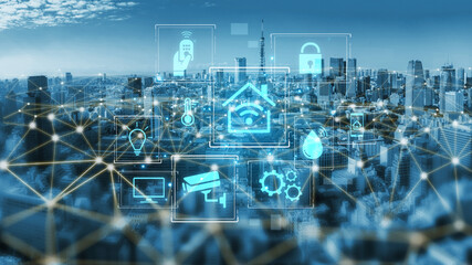 Concept of a smart home and the Internet of Things (IoT). A central system controls home automation...