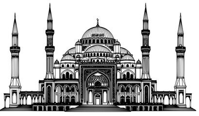 Detailed Islamic mosque architecture line art with domes and tall minarets black and white outline vector illustration © Romjan