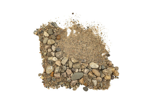 Pile of mixed river pebbles and sand forming a rough square patch, isolated on Transparent background, natural gravel texture for landscaping or construction.