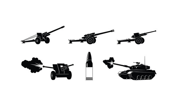 Heavy artillery and military vehicles silhouette vector illustration on white backdrop