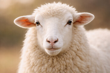 Fototapeta premium Close Up Portrait of a White Sheep with Soft Wool, Eid al-Adha Qurban Livestock Concept