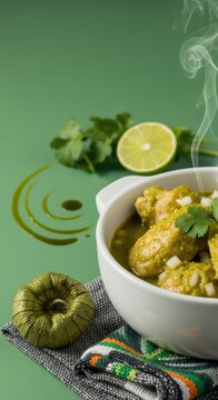 White Ceramic Bowl of Joc&oacute;n Green Chicken Stew with Left Fresh Green Negative Space, Tomatillo Husk, and Corte Fabric