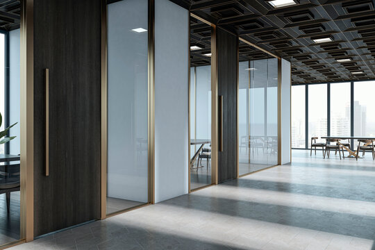 Modern corporate hallway with glass partitions, sleek contemporary design, bright interior perspective view across spacious office rooms. 3D Rendering