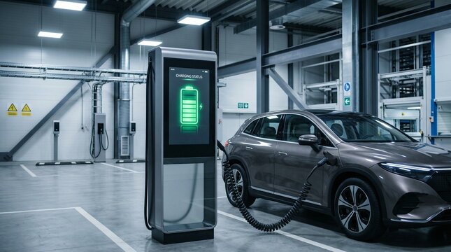 Electric vehicle charging at a modern indoor station. Dark grey SUV plugged into a terminal with a glowing green battery status screen. Sustainable transportation and clean energy concept