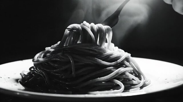 Black and white close-up shot of steaming spaghetti noodles being lifted with a fork on a plate