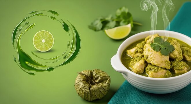 White Ceramic Bowl of Joc&oacute;n Green Chicken Stew with Left Fresh Green Negative Space, Tomatillo Husk, and Corte Fabric