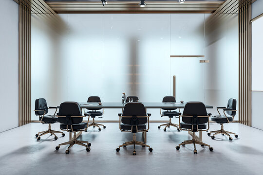Modern empty corporate meeting room interior featuring sleek chairs and a large table within a contemporary office workspace illuminated by soft light.. 3D Rendering