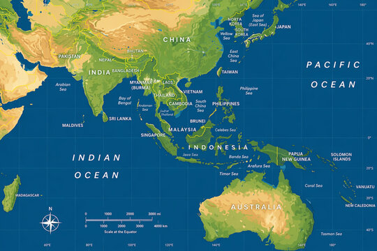 Map of Southeast Asia and Oceania with Oceans and Countries Labeled