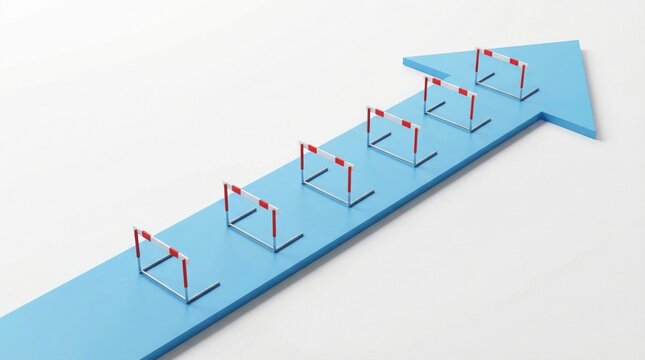 Overcoming obstacles on a path to success with hurdles on a blue arrow pointing upwards symbolizing challenges and progress in business and personal growth