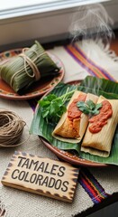 Fototapeta premium Two Unwrapped Tamales Colorados on Banana Leaf with Chicken and Red Recado on Huipil Mat with Palo de Hormigo Sign
