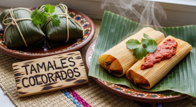 Two Unwrapped Tamales Colorados on Banana Leaf with Chicken and Red Recado on Huipil Mat with Palo de Hormigo Sign