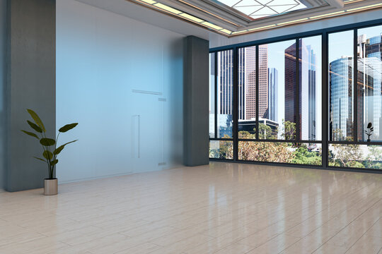 Spacious modern empty interior room with large windows framing urban skyline in contemporary design and bright light background ambience. 3D Rendering