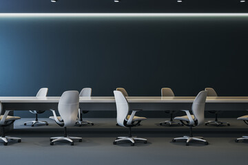 Obraz na płótnie Canvas Modern empty corporate conference workspace with long tables and office chairs in minimal contemporary interior design setting. 3D Rendering