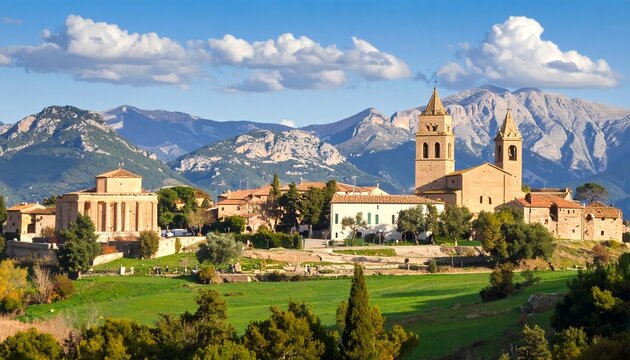 A serene landscape of a small town with a church and mountains