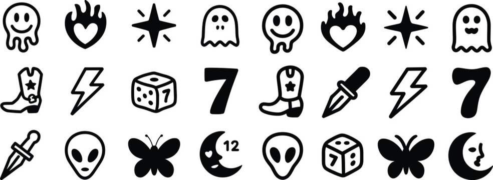 Silhouette doodle tattoo icons set. sketch, symbol, art, flash, design vector illustration
