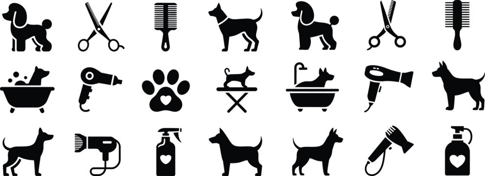 Silhouette dog grooming icons set. pet, care, scissors, bath, salon vector illustration