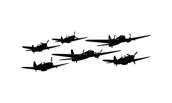 Vintage warplanes formation silhouette vector illustration flying in historical air raid.