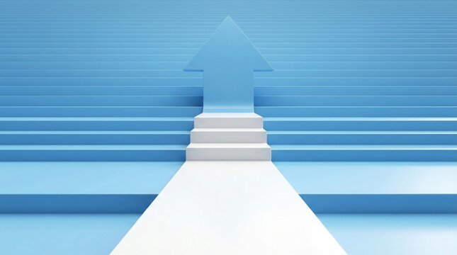 Ascending white arrow on blue stairs symbolizing progress and growth in business and success