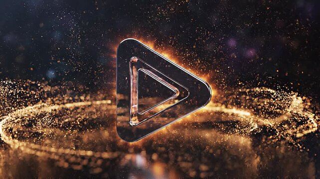 Glowing Play Button Surrounded by Fiery Particles
