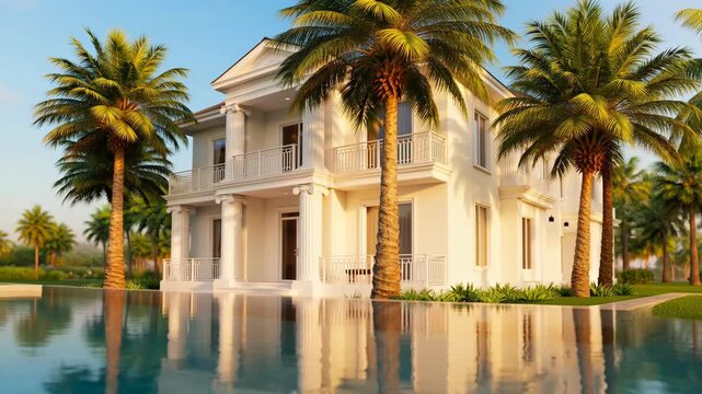 Luxury villa with pool and palm trees under blue sky. A serene establishing shot with a warm glow. Tropical paradise, upscale living, dream home.