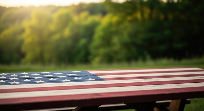 Honoring labour day american flag displayed on a wooden table in a scenic outdoor setting
