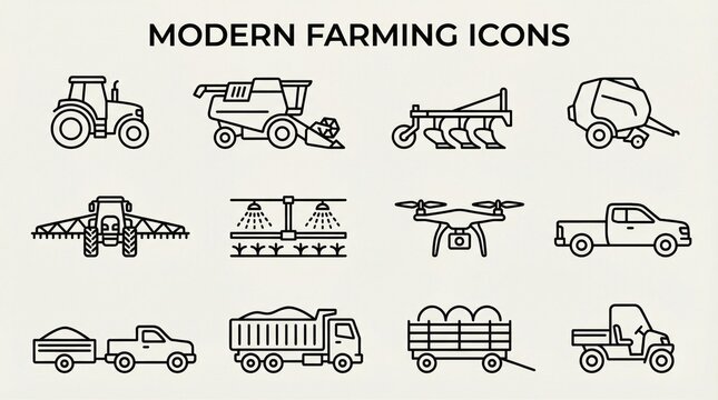 Modern farming icons showcasing tractor, harvester, plow, baler, sprayer, irrigation, drone, truck, wagon, utility vehicle, mechanized agriculture efficiency.