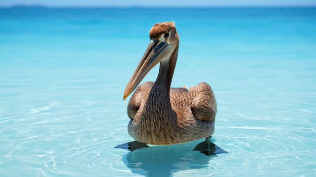 A brown pelican swimming in turquoise waters. A serene nature shot highlighting wildlife. Tranquility, coastal bird, tropical paradise.