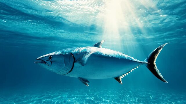 Big tuna fish swimming gracefully in the blue ocean with sun rays penetrating the water surface