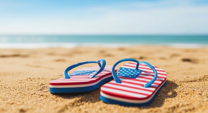 Labour day beach relaxation patriotic flip flops on sandy shore for a perfect holiday getaway
