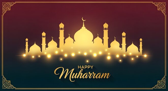 Happy muharram day 1445 1450 islamic new year celebration with mosque illustration