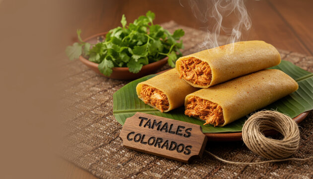 Two Unwrapped Tamales Colorados on Banana Leaf with Chicken and Red Recado on Huipil Mat with Left Earth-Toned Negative Space