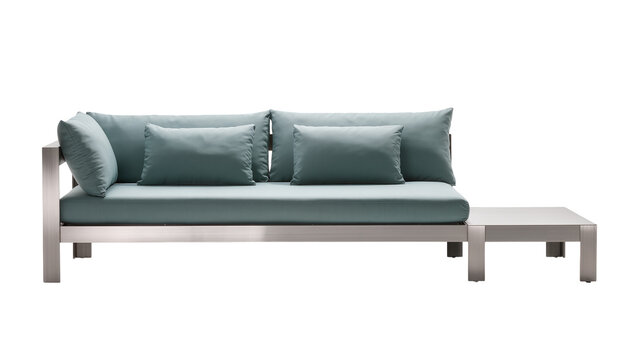 Isolated modern outdoor sofa with green cushions and sleek metal frame, patio lounge furniture