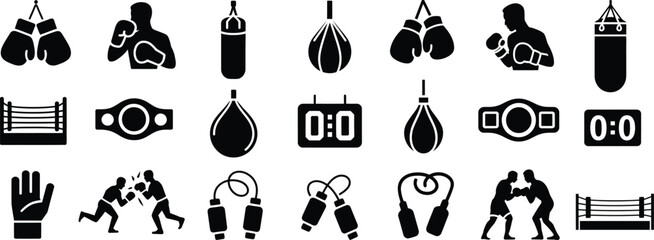 Silhouette Boxing Icons Set. Sport, Gloves, Ring, Fight, Equipment Vector Illustration © Creative Juel 