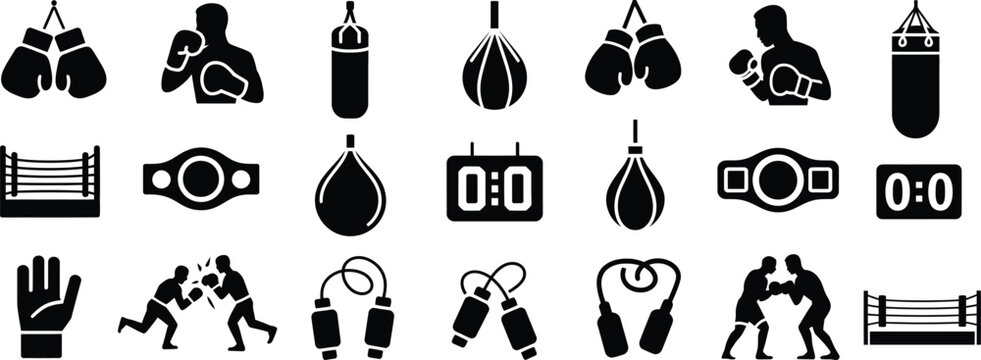 Silhouette Boxing Icons Set. Sport, Gloves, Ring, Fight, Equipment Vector Illustration