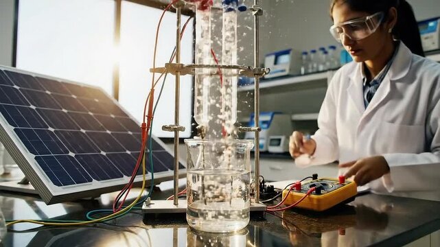 Solar powered electrolysis with solar panel for hydrogen production in renewable energy laboratory, scientist monitoring clean water splitting experiment using glassware and electrochemical research