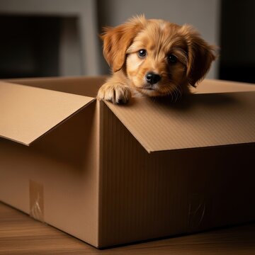 Adorable Golden Retriever Puppy Peeking Out of a Cardboard Box.