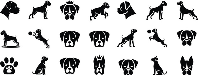Fototapeta premium Silhouette Boxer Dog Icons Set. Pet, Animal, Puppy, Breed Vector Illustration