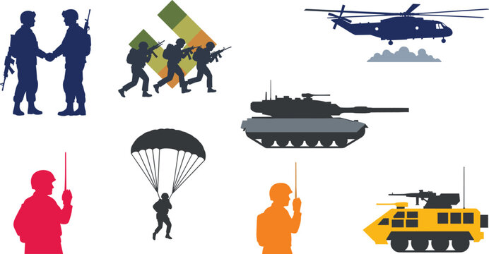 Military Silhouette Icon Set Featuring Soldiers with Weapons, Tanks, Helicopters, Paratroopers, and Armored Vehicles for Defense and Army Force Graphic Designs