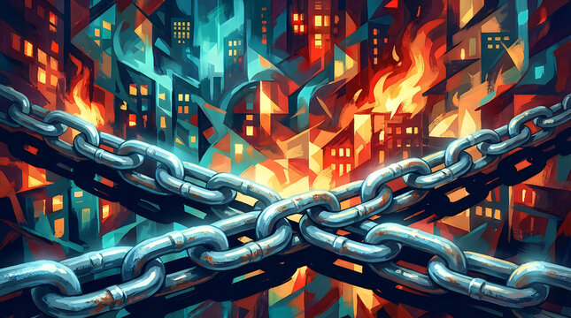 Overlapping chains in foreground against abstract burning city skyline background, dramatic fiery scene