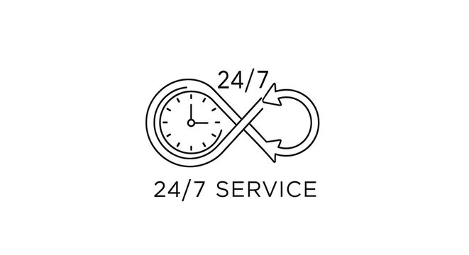 24/7 Service Symbol Featuring Clock and Key in Infinity Loop Minimalist Line Art Illustration
