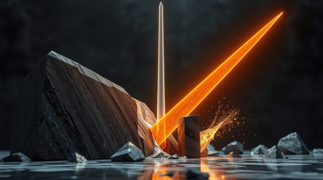 Dark scene depicts sword slicing through stone blocks. Orange energy radiates from impact point, creating dramatic visual effect.