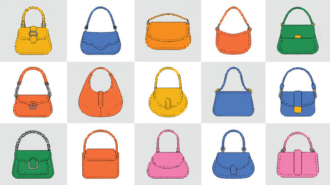 Collection of various colorful handbags and purses in different styles and colors
