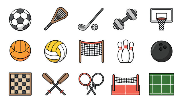 Collection of various sports icons and equipment on white background