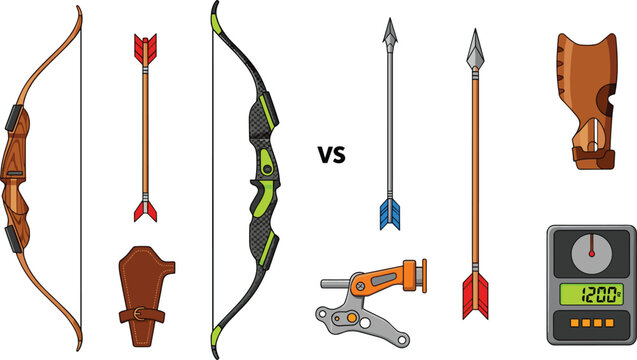 Archery Equipment Icon Set Comparing Traditional Wooden Bow and Modern Compound Bow with Arrows Quiver and Electronic Aiming Tools for Sports Design