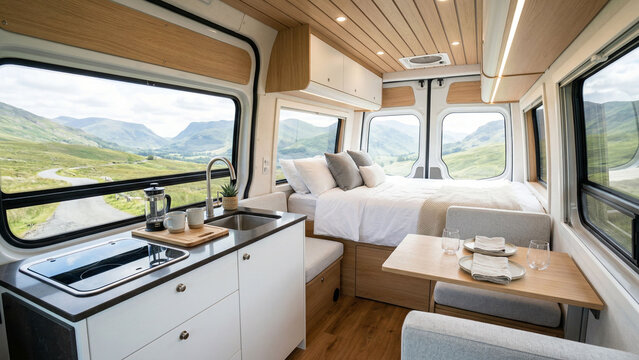 自然豊かな絶景を室内から楽しめるモダンなキャンピングカー空間を表現した旅行広告向けライフスタイルイメージ